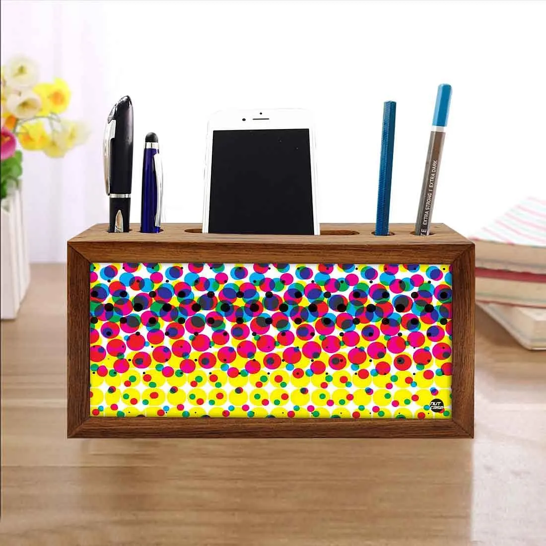 Wooden desktop organizer Pen Mobile Stand - Polka Dots